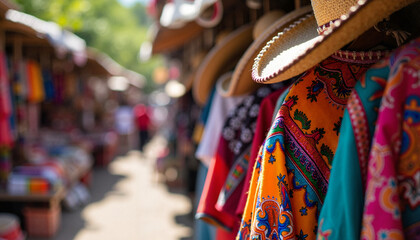 Colorful traditional Mexican clothing and sombreros displayed at a vibrant outdoor market 