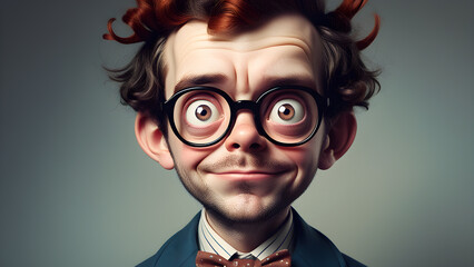 Portrait of a quirky man with wild red hair, large round glasses, and a striped bow tie, wearing a dark suit.