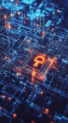 Obraz premium Digital representation of cybersecurity with a glowing lock symbol amidst a circuit-like background.
