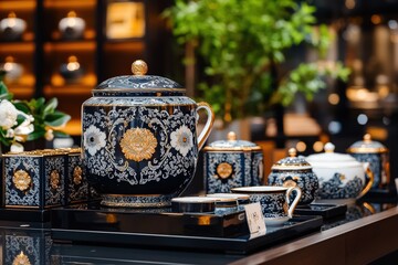 Fototapeta premium Exquisite luxury tea set display elegant boutique product showcase sophisticated ambiance close-up view artistry in tableware
