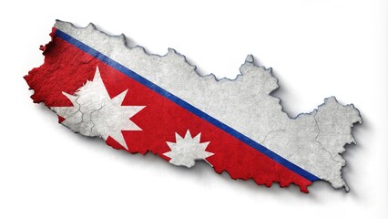 Map of Nepal with a texture of the Nepali flag on it. White background.