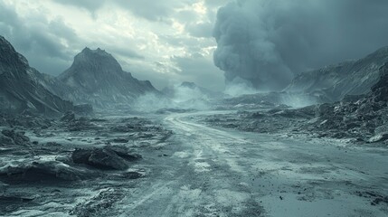 Apocalyptic Landscape: A Desolate Road Winding Through a Volcanic Wasteland
