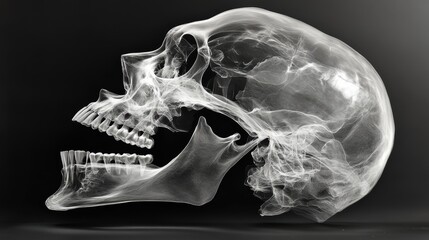 Transparent skull x-ray art on black background showcasing bone structure