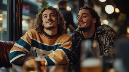 Obraz premium Two friends enjoying a relaxed evening at a cozy cafe