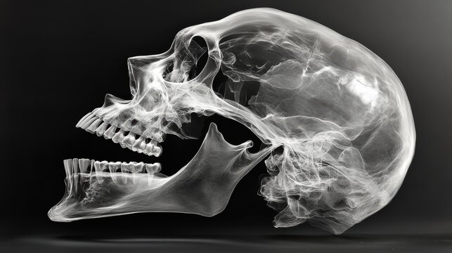 Transparent skull x-ray art on black background showcasing bone structure