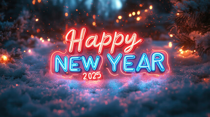 Happy New Year 2025 Glowing Typography with Red and Blue Neon Lights in Snowy Winter Forest, Sparkling Christmas Celebration Scene
