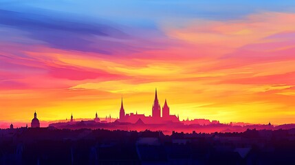 Naklejka premium Vibrant sunset over a city skyline with colorful clouds and church spires.