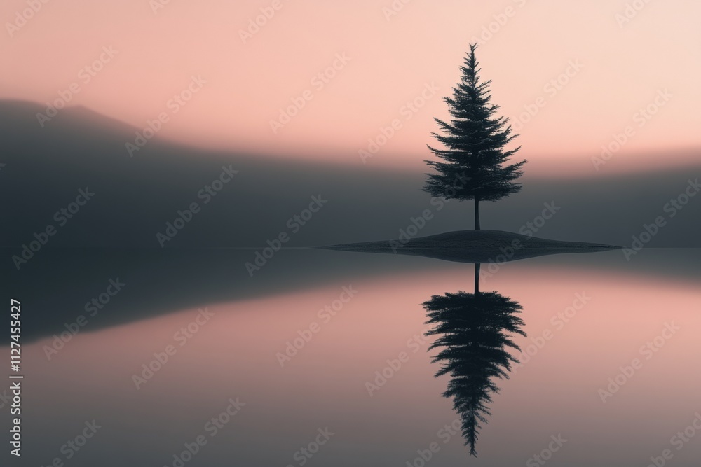 Poster a very small, thin tree stands alone in a vast, minimalistic landscape, its reflection mirrored perf
