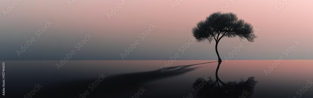 Poster a small, thin tree stands alone in a serene landscape, its reflection shimmering on a mirror-like su