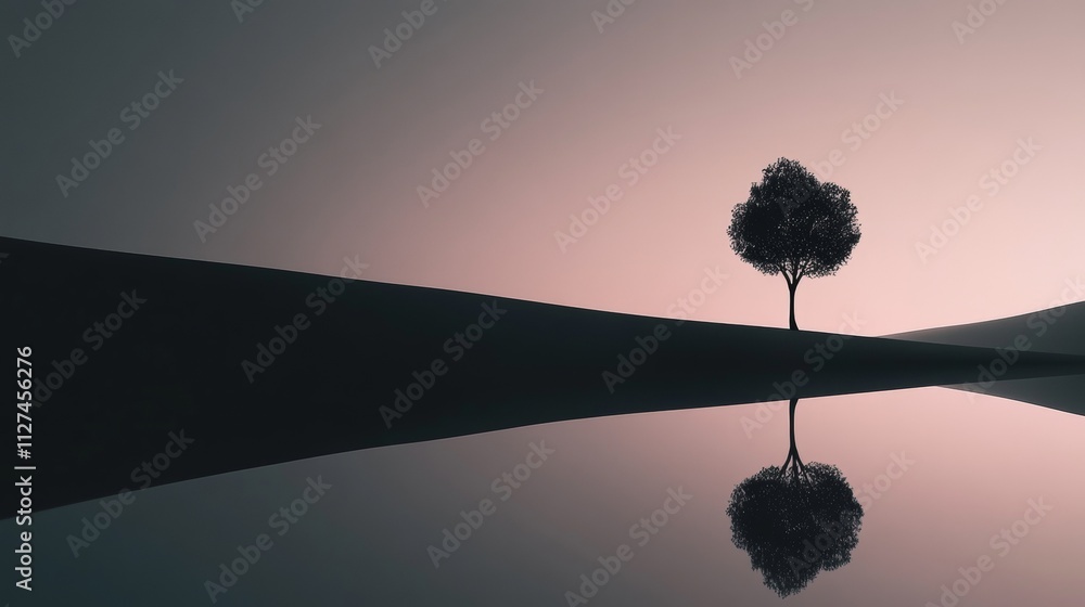 Poster a small, thin tree stands alone in a vast landscape with a gradient from dark gray to soft pink. its