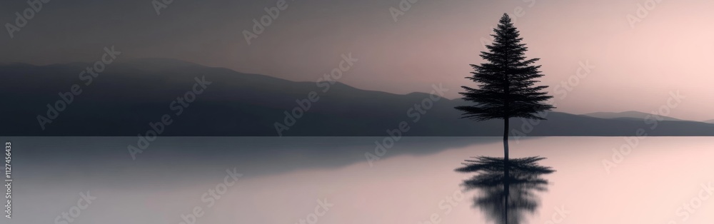 Poster a solitary, very thin tree stands alone in a vast, minimalistic landscape. the soft gradient backgro