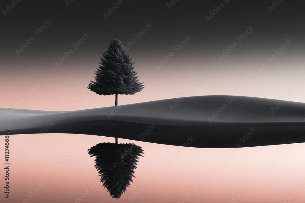 Poster a very small, thin tree stands alone in a vast landscape with a soft gradient from dark gray to pink