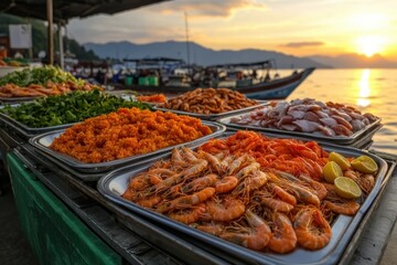 Vibrant seafood market at sunset by the sea fresh delicacies displayed coastal environment culinary delight for all