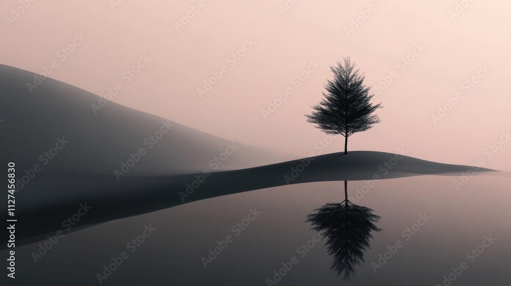 Poster a very thin tree stands alone in a vast landscape, its reflection visible on a smooth surface. the s