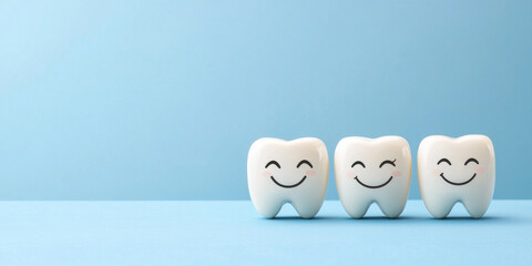 Obraz premium Row of smiling emoji on teeth on blue background with copyspace