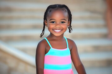A joyful, smiling child on outdoor steps, wearing a vibrant striped summer outfit. The background is softly focused, emphasizing the child's radiant expression and colorful attire.