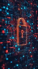 Fototapeta premium A digital lock icon surrounded by a network of glowing data streams, symbolizing cybersecurity.