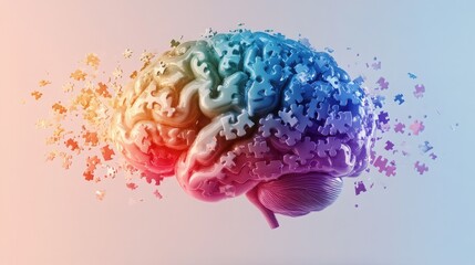 Abstract representation of a brain made of colorful puzzle pieces, some of which are falling apart, suggesting concepts of memory, thought, or mental health.