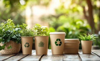 Eco-friendly packaging materials with green plants emphasizing sustainability and environmental consciousness
