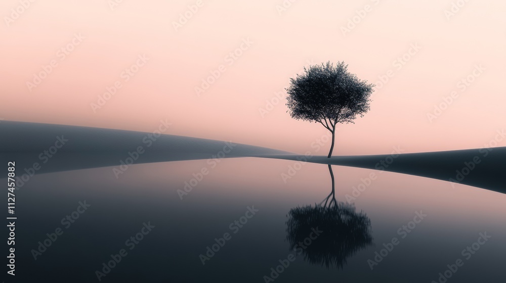 Poster a small, thin tree stands alone in a vast, tranquil landscape. the smooth surface reflects the tree,