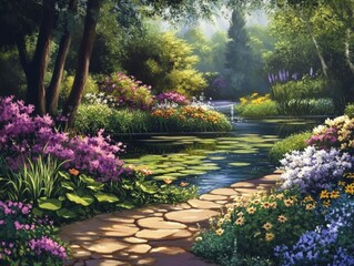 Fototapeta premium Serene garden path, pond, lush flowers.