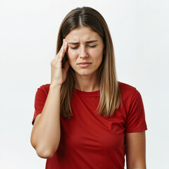 Fototapeta premium Portrait of a woman suffering from severe headache or migraine as she holds the side of her head in pain frowning - isolated on white background