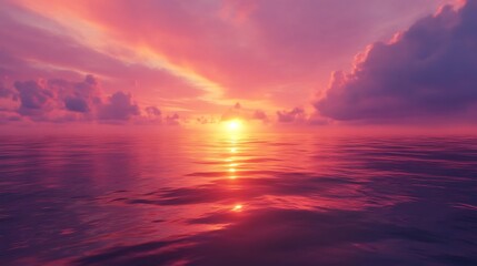 Vibrant sunset over calm ocean, reflecting colors in water.