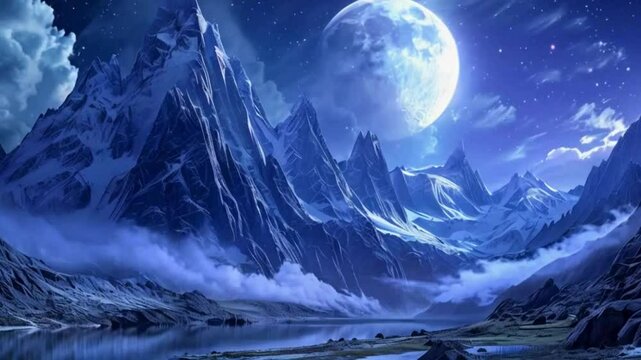 Snow-Capped Mountains Under a Full Moon

