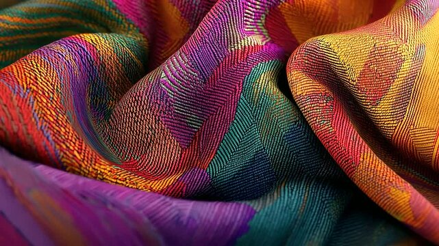 Abstract Herringbone Tweed Fabric with Vibrant Color Swirls