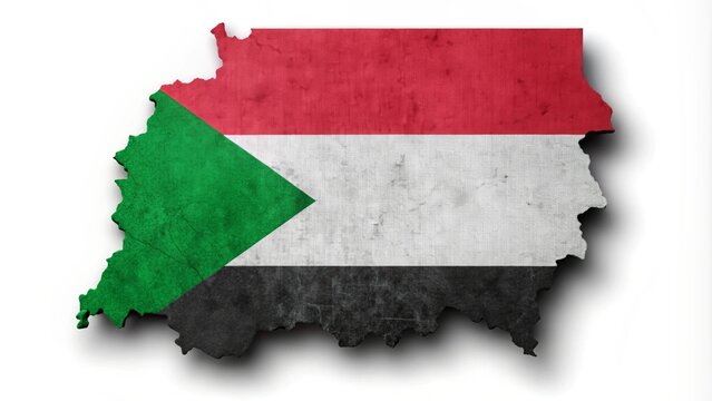 Map of Sudan with a texture of the Sudanese flag on it. White background.