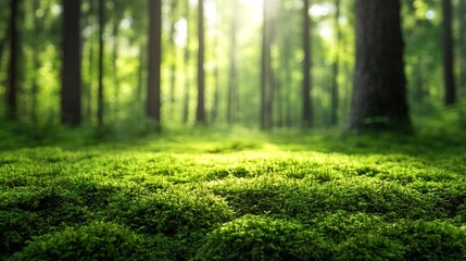 Fototapeta premium Green moss on natural trees Green forest blurred background