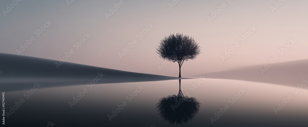Poster a small, thin tree rises alone in a vast, minimalistic landscape, reflected in a calm, mirror-like s