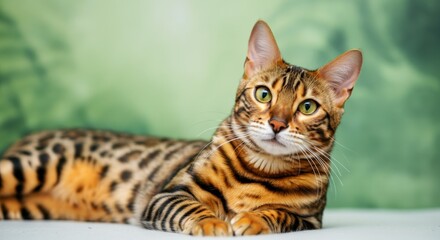 Naklejka premium Majestic bengal cat with striking green eyes relaxing indoors