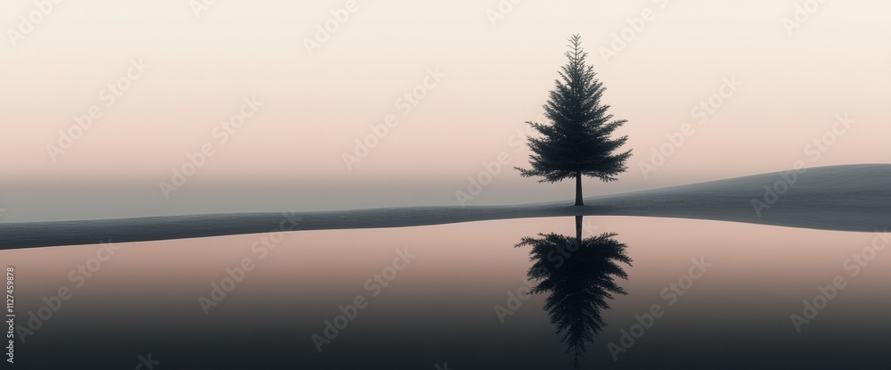Poster a very small, thin tree stands alone in a vast landscape, mirrored on smooth water. soft gradient co