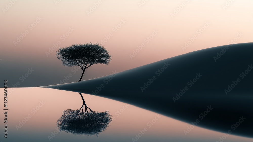 Poster a very thin tree stands alone in a vast landscape, with a smooth surface reflecting its silhouette. 