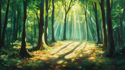 Obraz premium Serene forest with sunlight and shadows