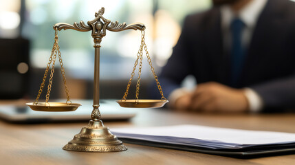 Scales of justice symbolizing legal fairness, equality, and the pursuit of justice, placed on a lawyer's desk
