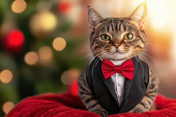 chubby tabby cat in tuxedo with red bow tie, sitting on plush cushion, surrounded by festive decorations