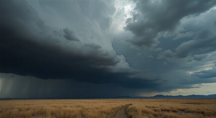 Dramatic storm clouds over grassy plain