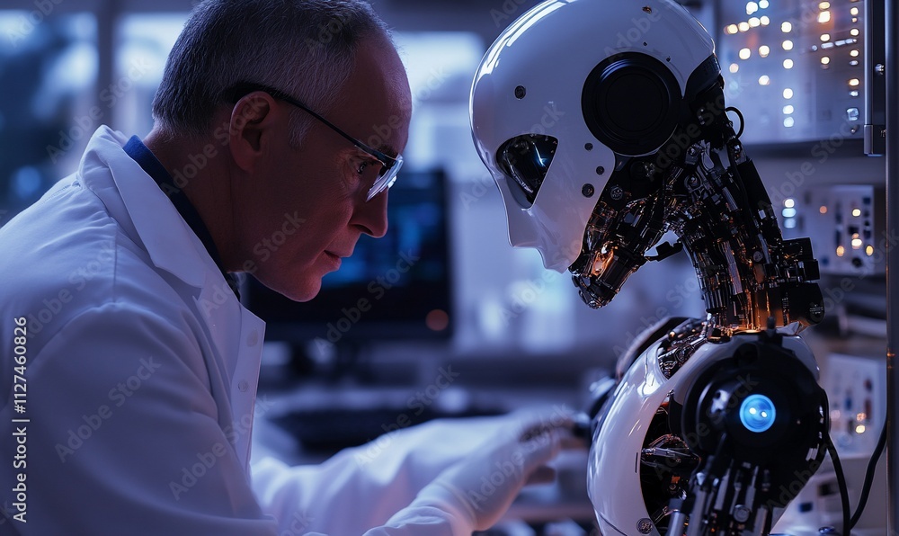Poster scientist intently examines advanced humanoid robot in lab.