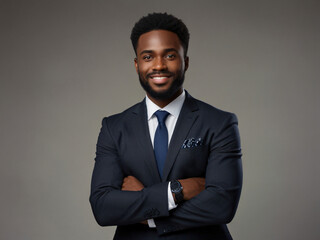 Retrato, sorriso e homem negro criativo com confiança isolado no espaço de fundo de estúdio . Casual, moda e trabalhador com braços cruzados para orgulho de carreira, negócios, empresario