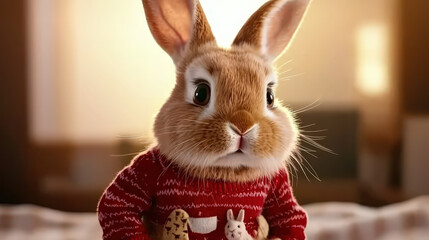 fluffy rabbit wearing cute sweater holds cookies, looking surprised