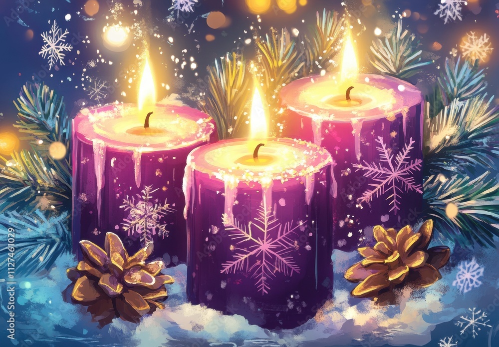 Poster stylized purple candles with snowflakes and mistletoe on an enchanting background of twinkling light