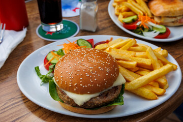 Delicious hamburger served on a plate with French fries and salad garnish
