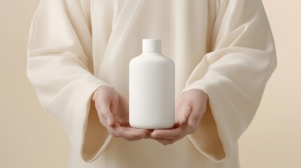 Minimalistic Product Display with Hands Holding a White Bottle Against Neutral Background