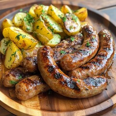 Sausages, grilled potatoes