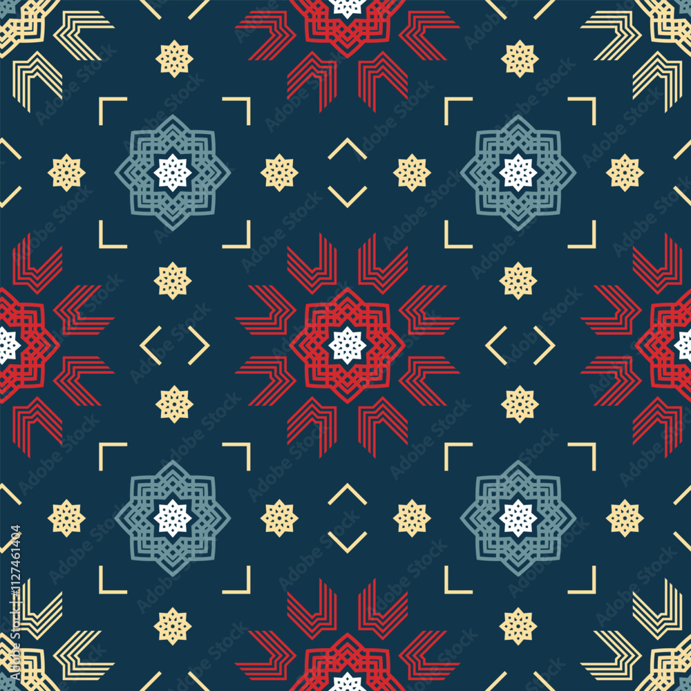 Poster seamless pattern with stylized multicolored snowflakes on a blue background. winter motifs. vector i