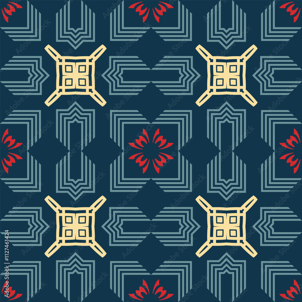 Poster simple seamless pattern with various decorative elements on a blue background. retro palette. vector
