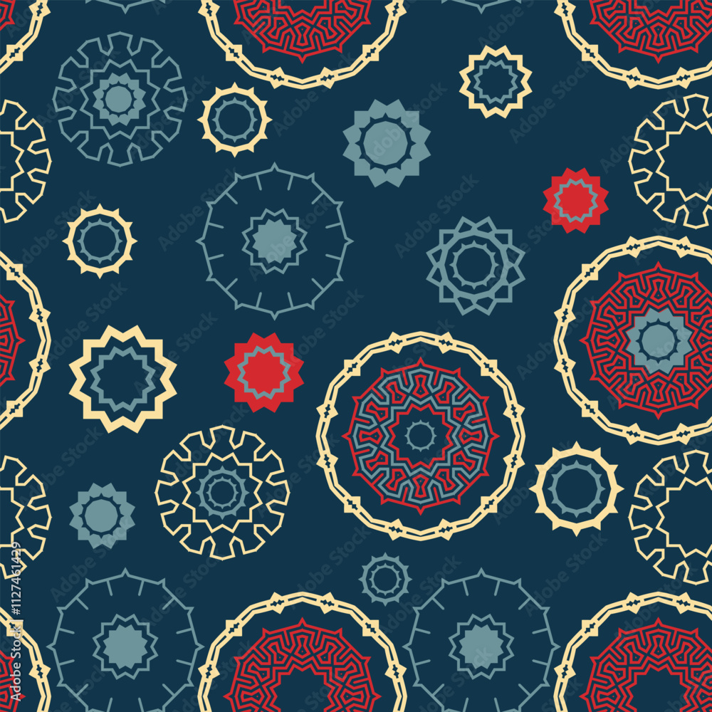 Fototapete seamless pattern with chaotically located multi-colored decorative elements on a dark blue backgroun