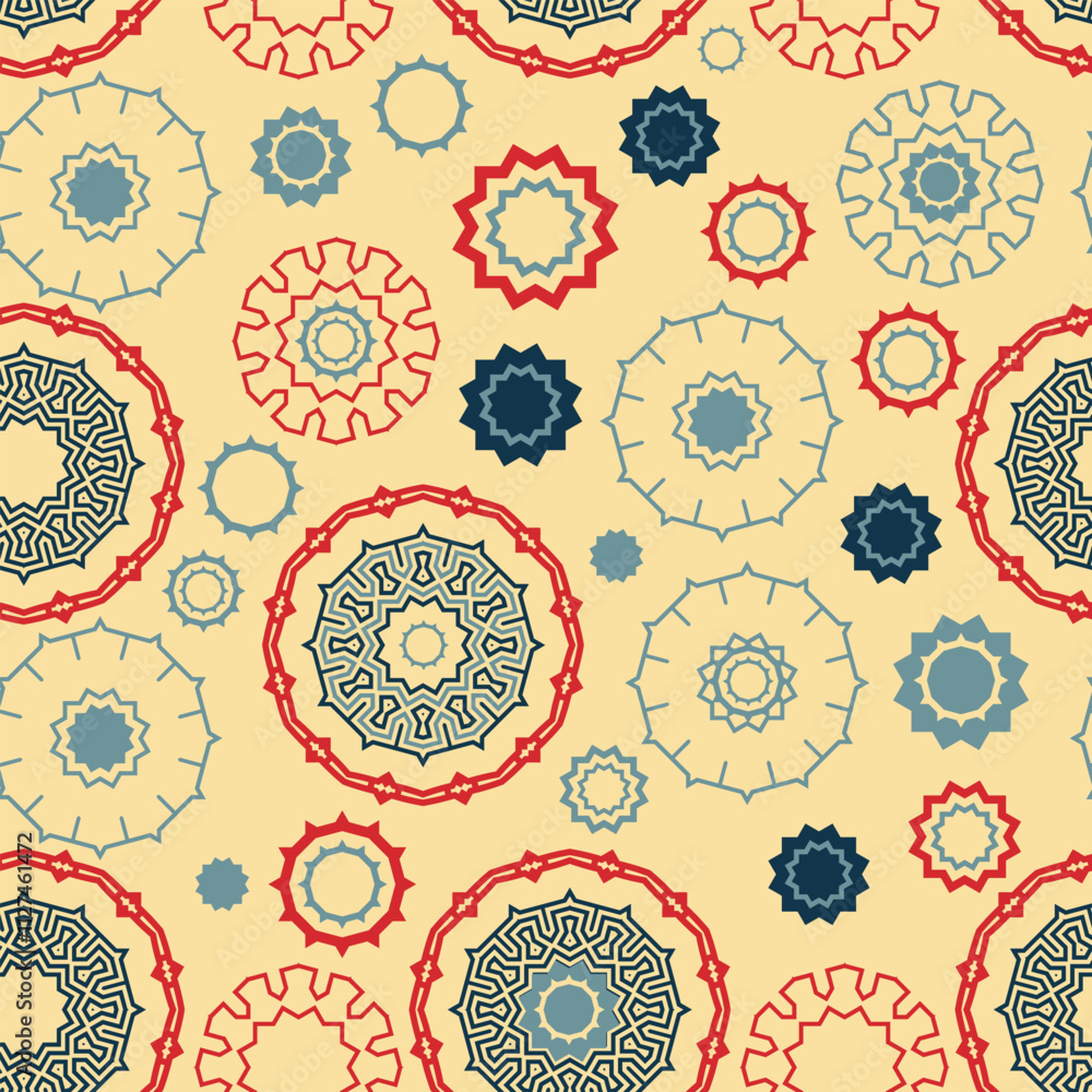 Aufkleber seamless pattern with chaotically arranged round decorative elements on a beige background. vector i